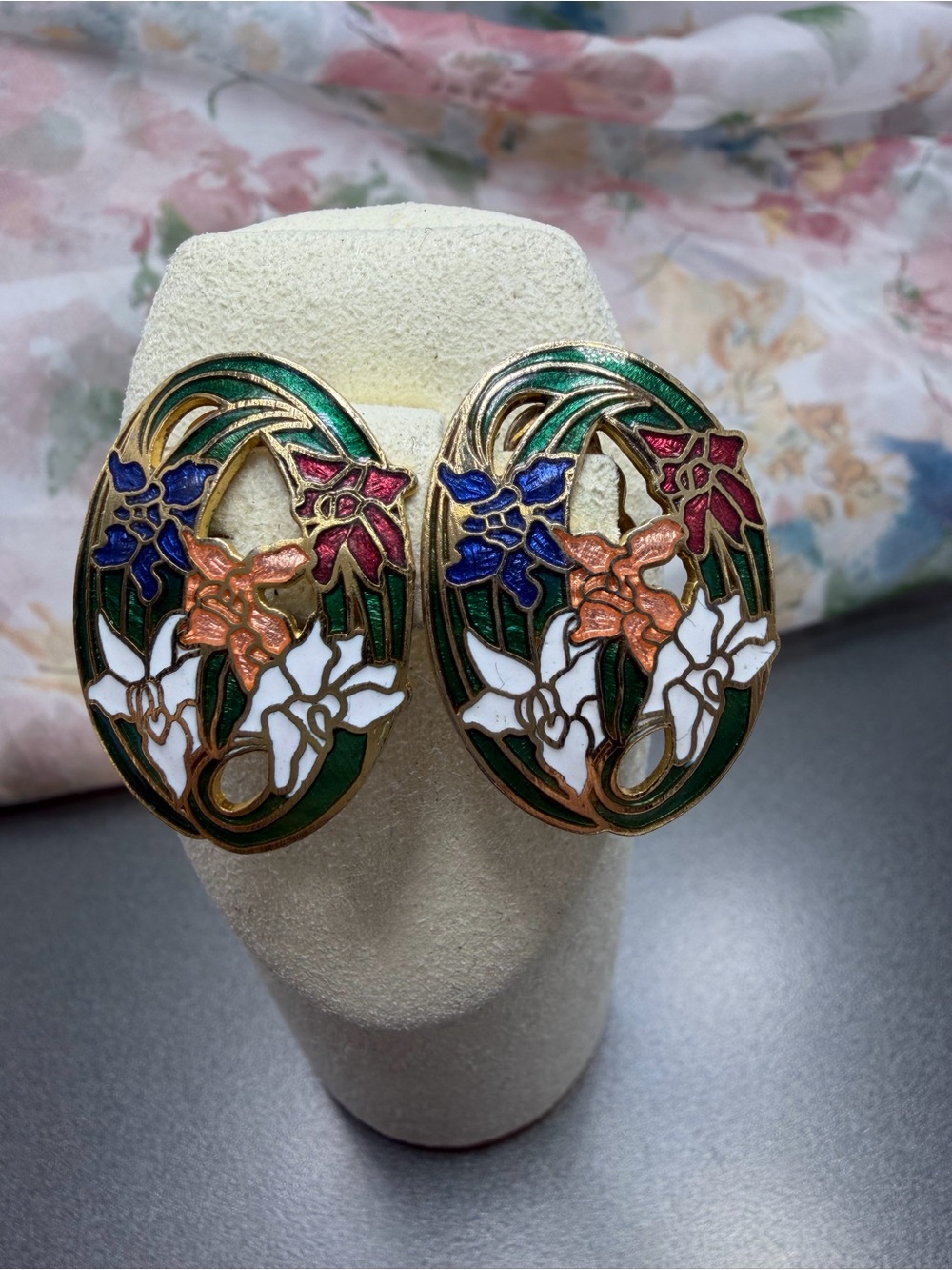 😎30%off Vintage Floral Cloisonné  Oval Clip Earrings -#339CE